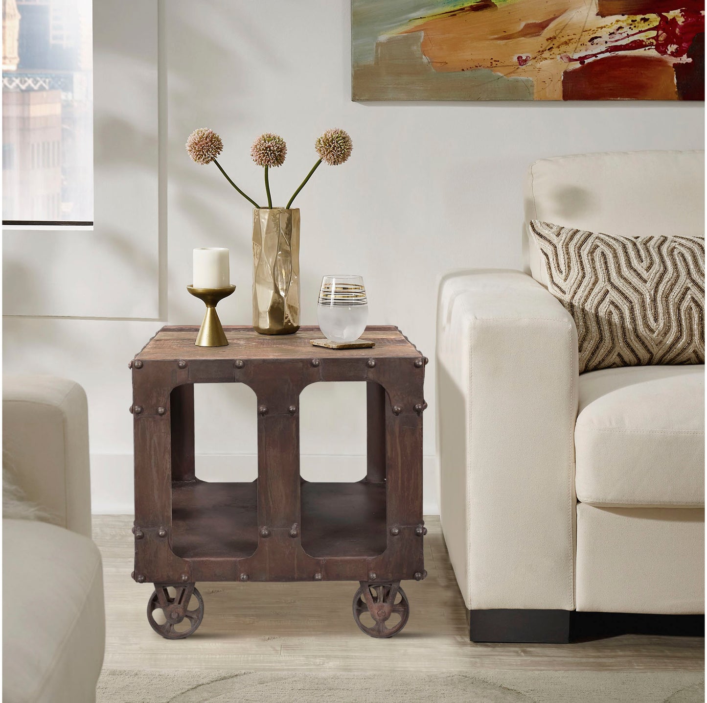 Industrial end table styled in a living room setting.
