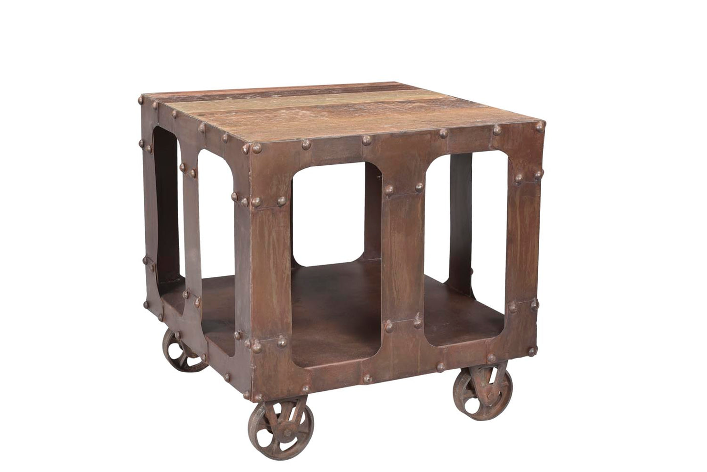 Front view of wooden and marble end table with wheels.