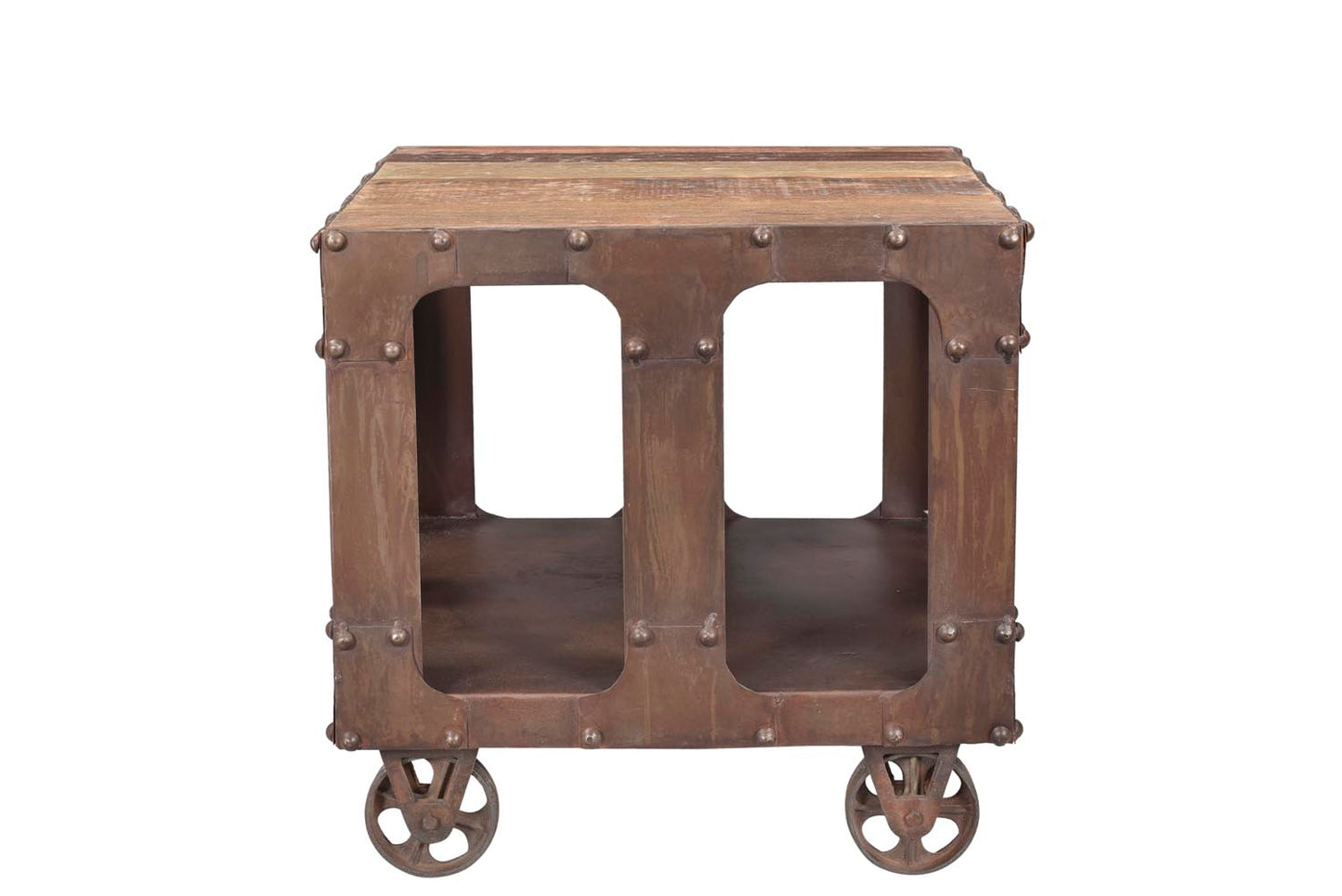 Side view of rustic industrial end table.