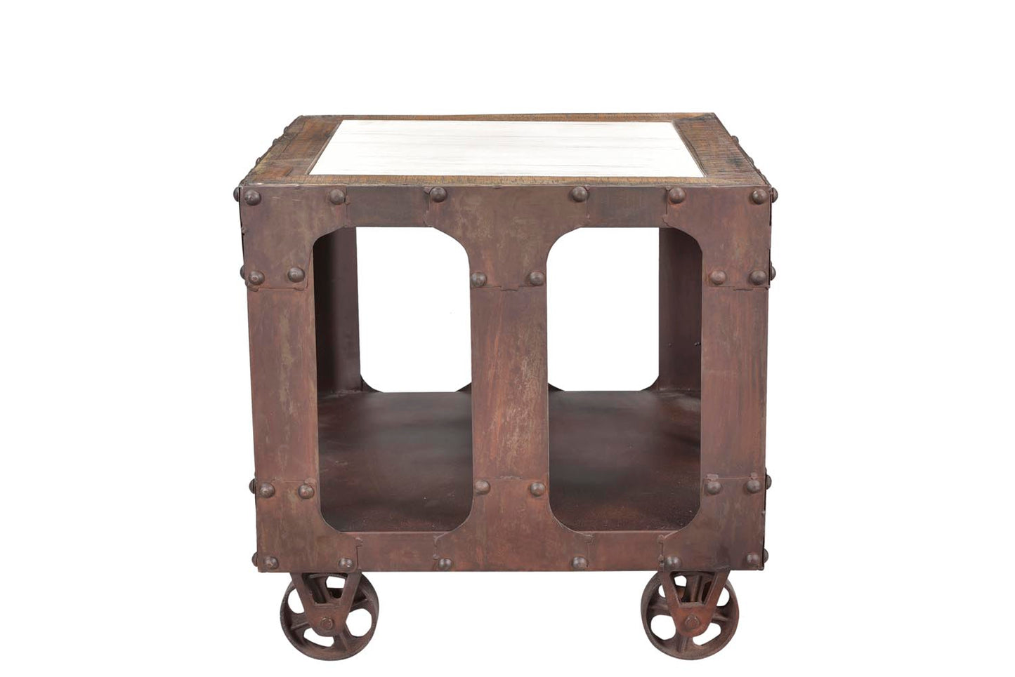 Rustic end table with caster wheels for mobility.