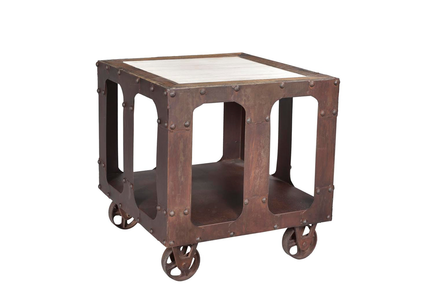 Rustic end table with caster wheels for mobility,Side view.