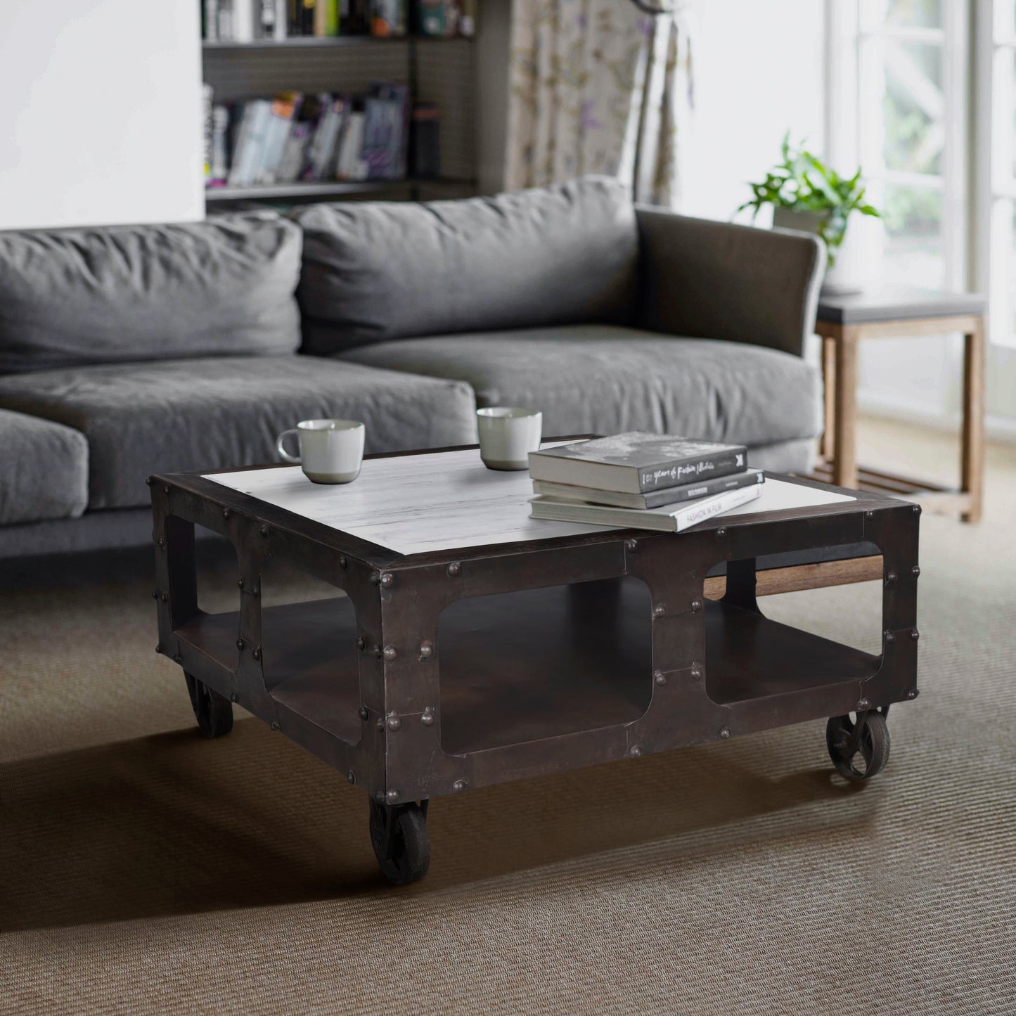 Industrial coffee table in living room.