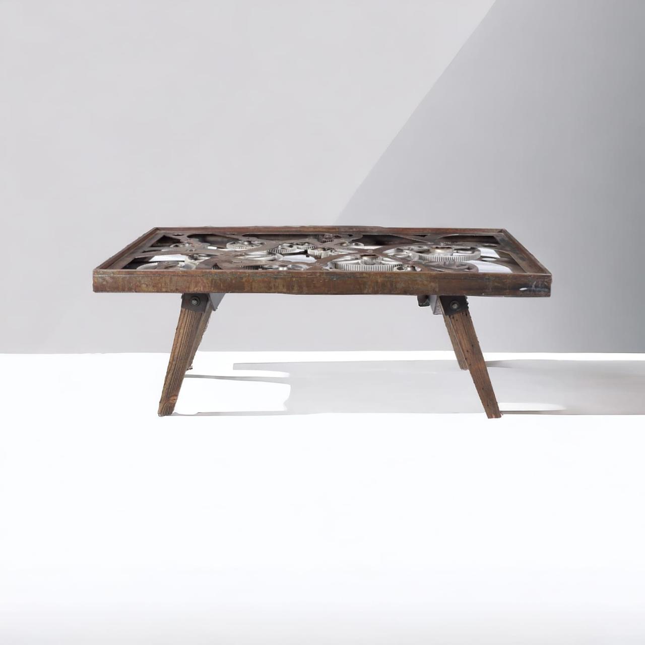 Front view of glass coffee table with wooden legs and gears