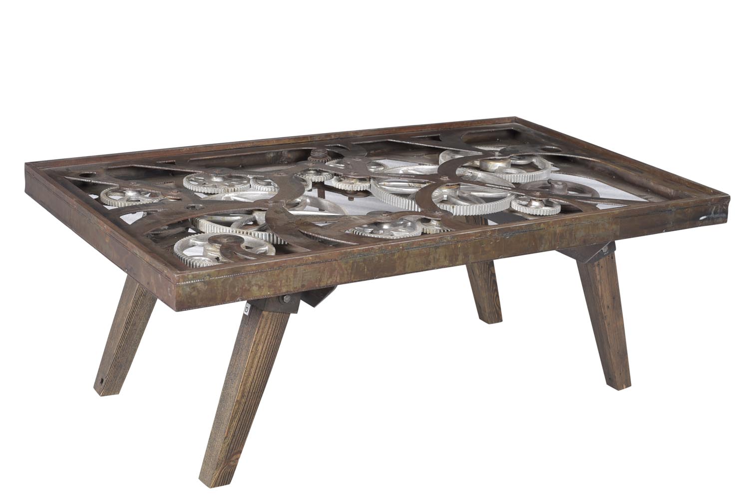 Angled side view of rustic glass coffee table.