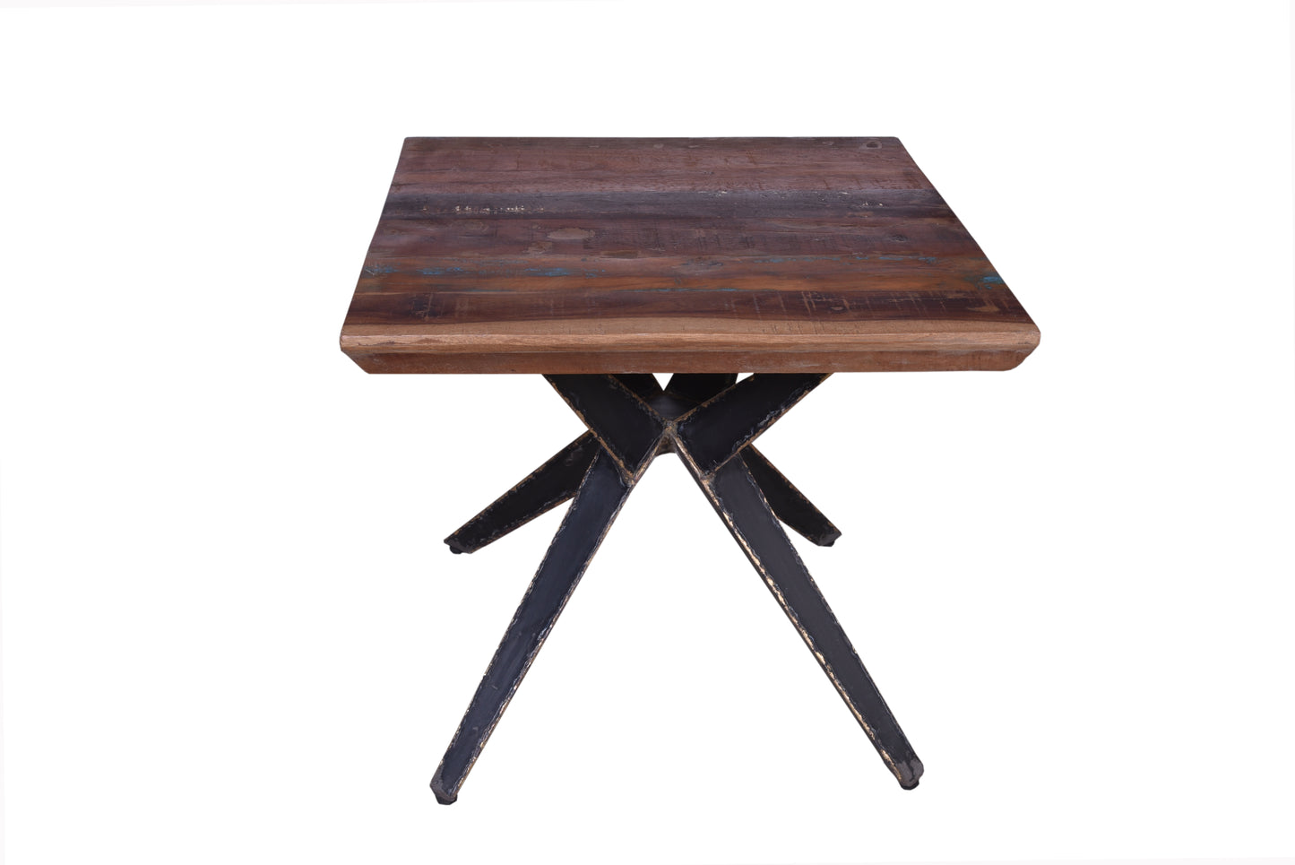 Square wooden end table with iron legs, angled view.