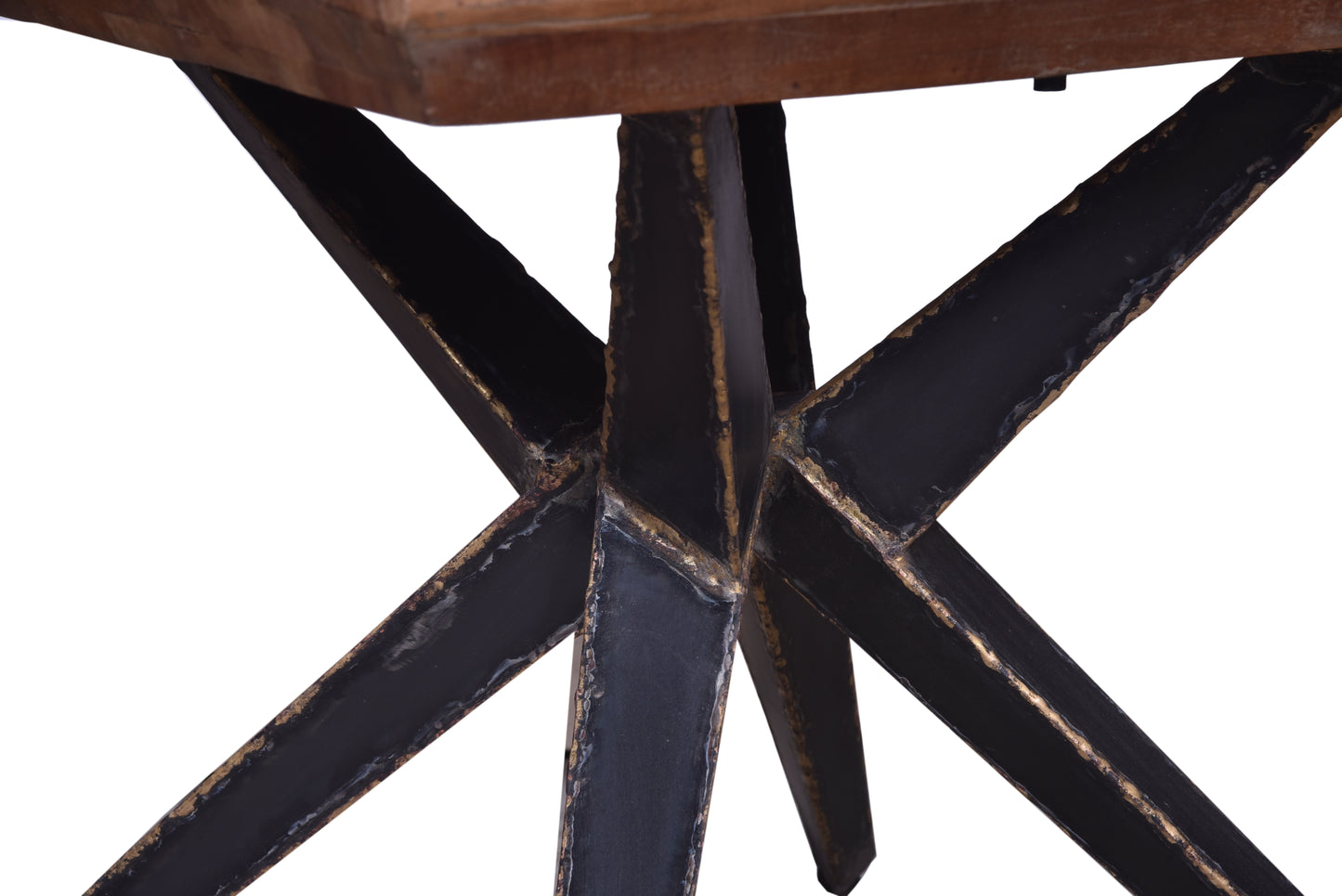 Close-up of end table’s wooden surface and metal base.