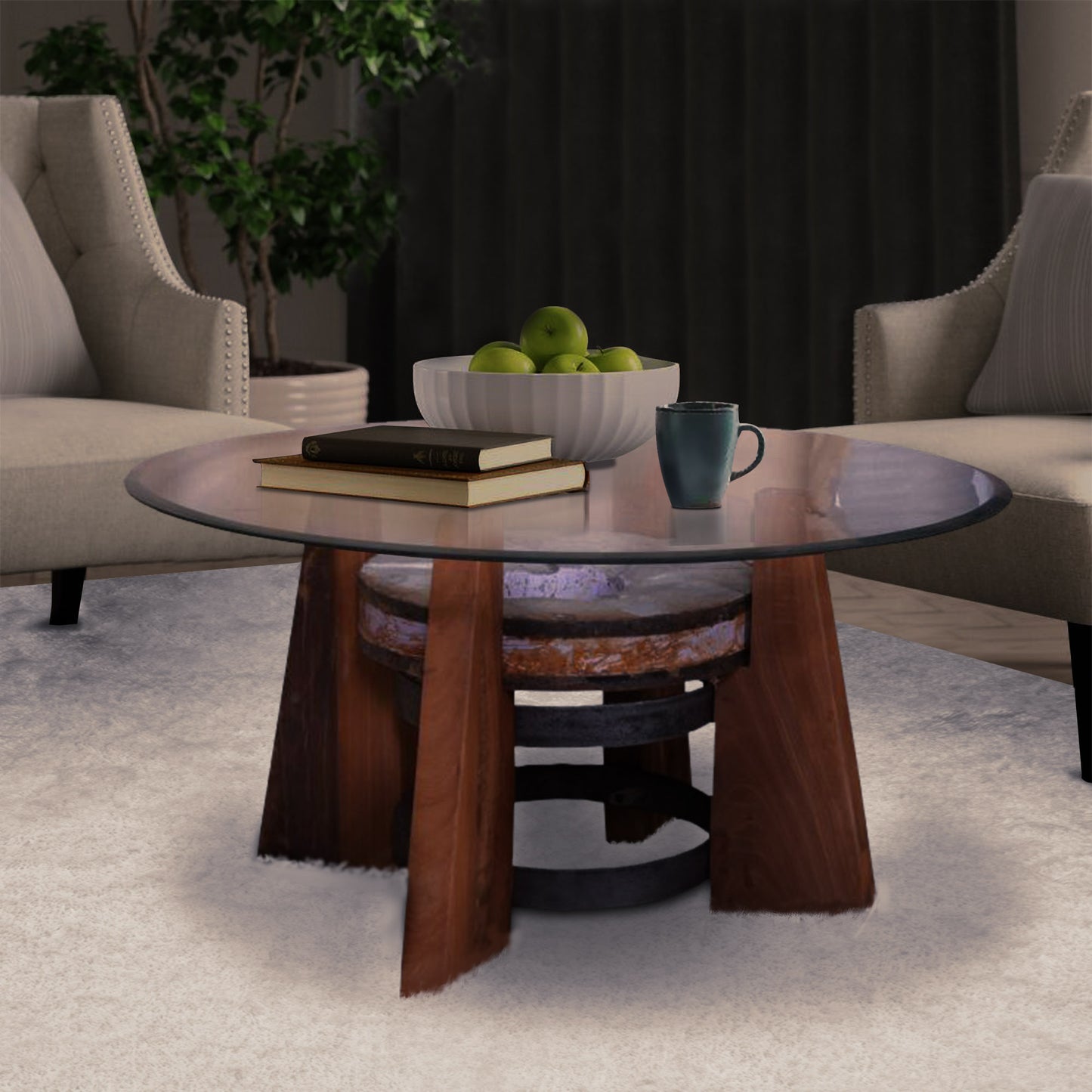 Coffee table placed in a well-lit seating area.