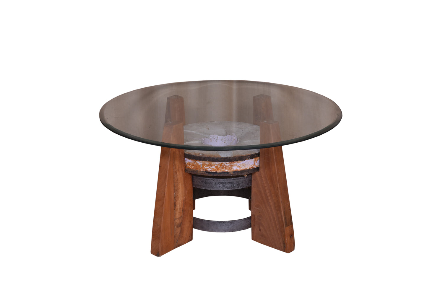 Round wooden coffee table with a glass top.