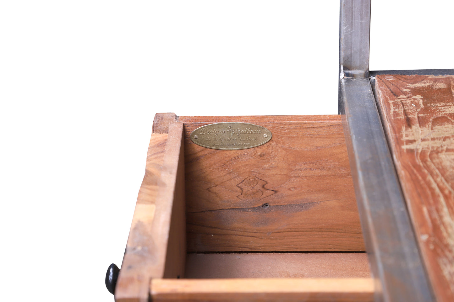 Close-up of wood and iron details on home bar counter