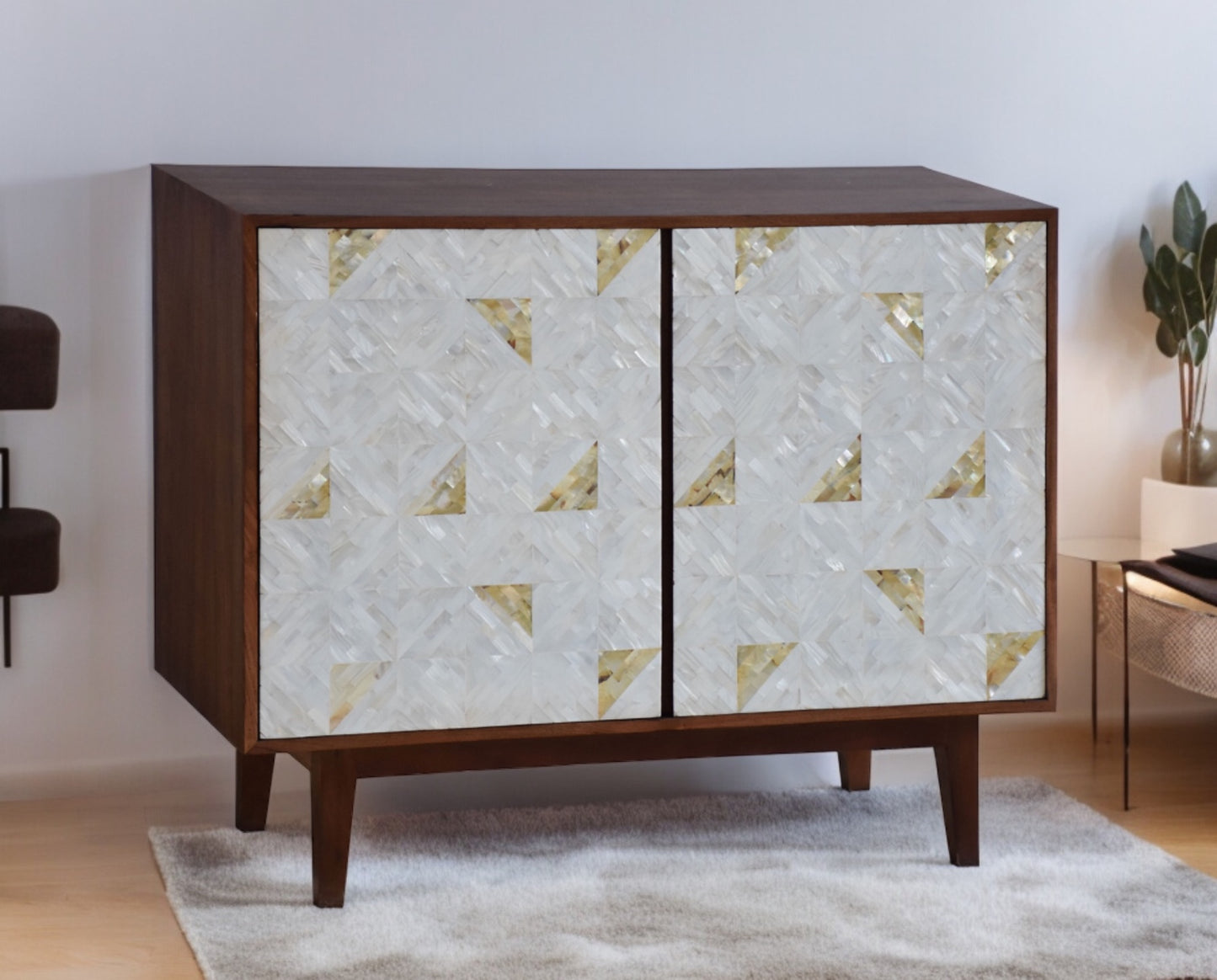 Front view of a wooden cabinet with Mother of Pearl inlays.