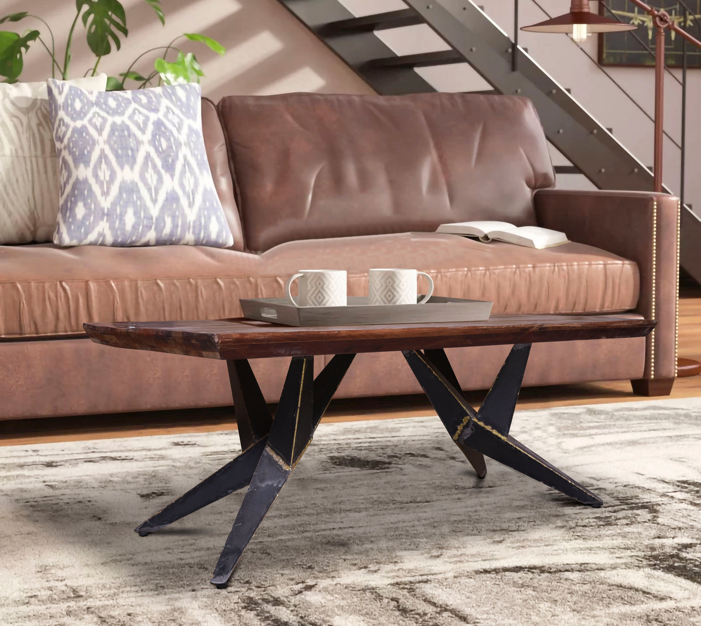 Rustic coffee table in an outdoor seating area.