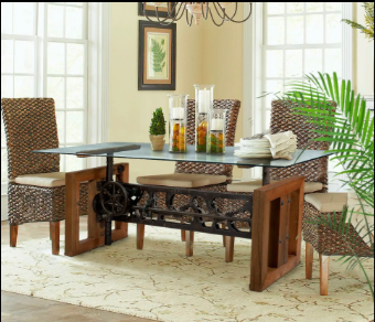 Dining table in a styled dining room setting.