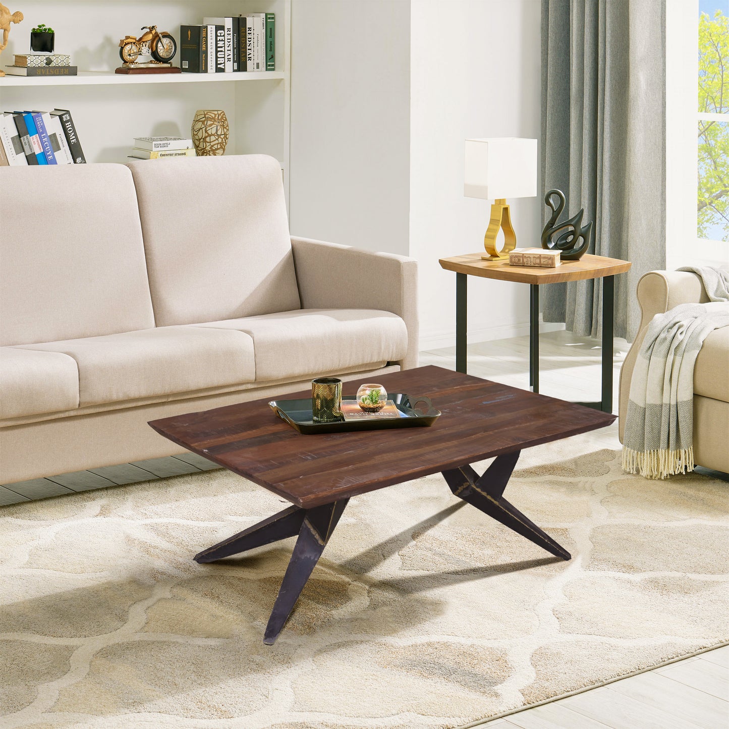 Coffee table styled in a cozy home interior.