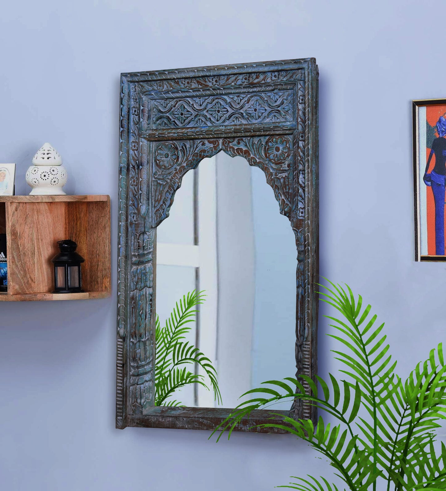 Blue distressed wooden mirror in rustic style