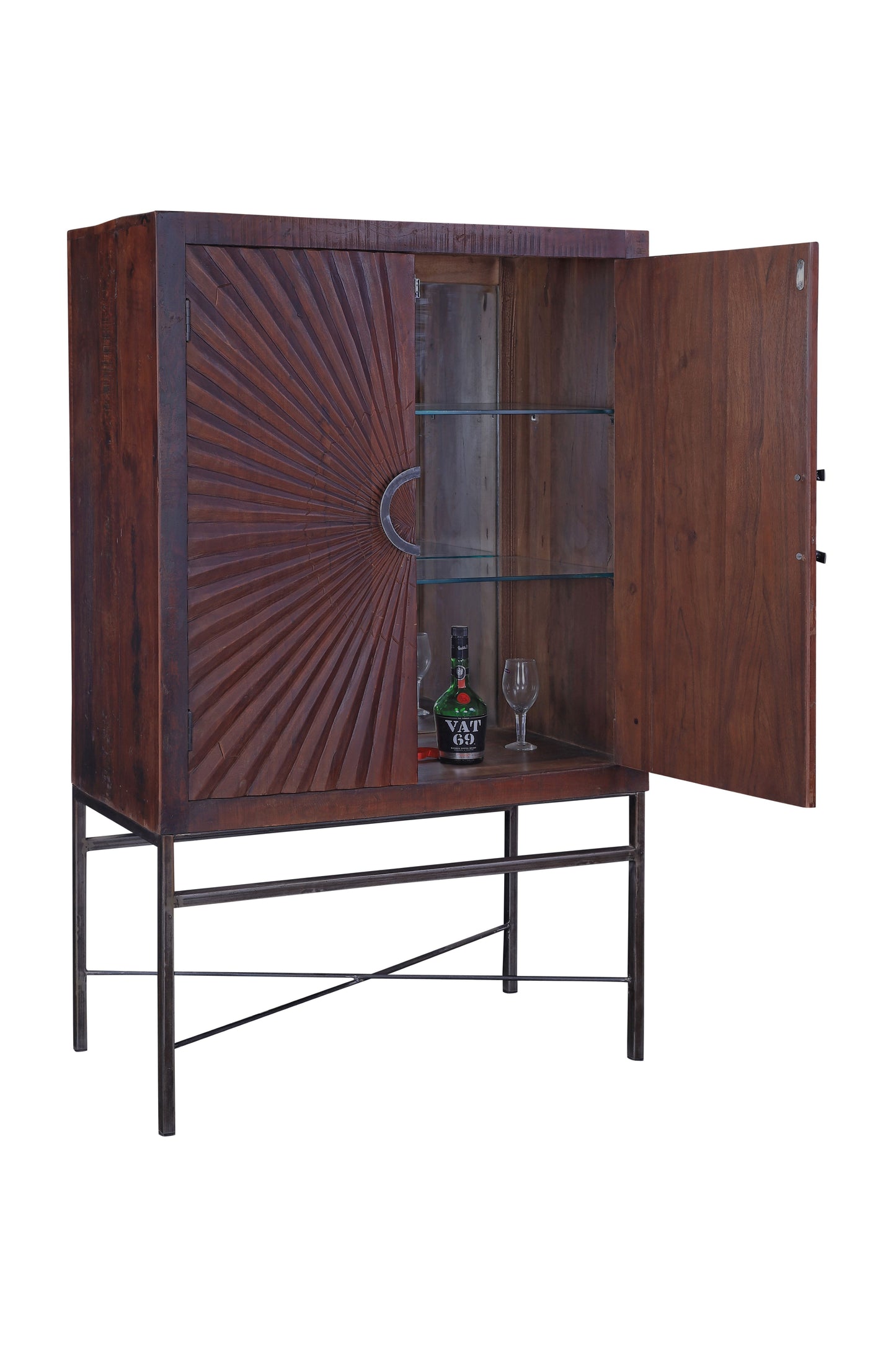 Open wine cabinet displaying wine bottle storage and glass holder