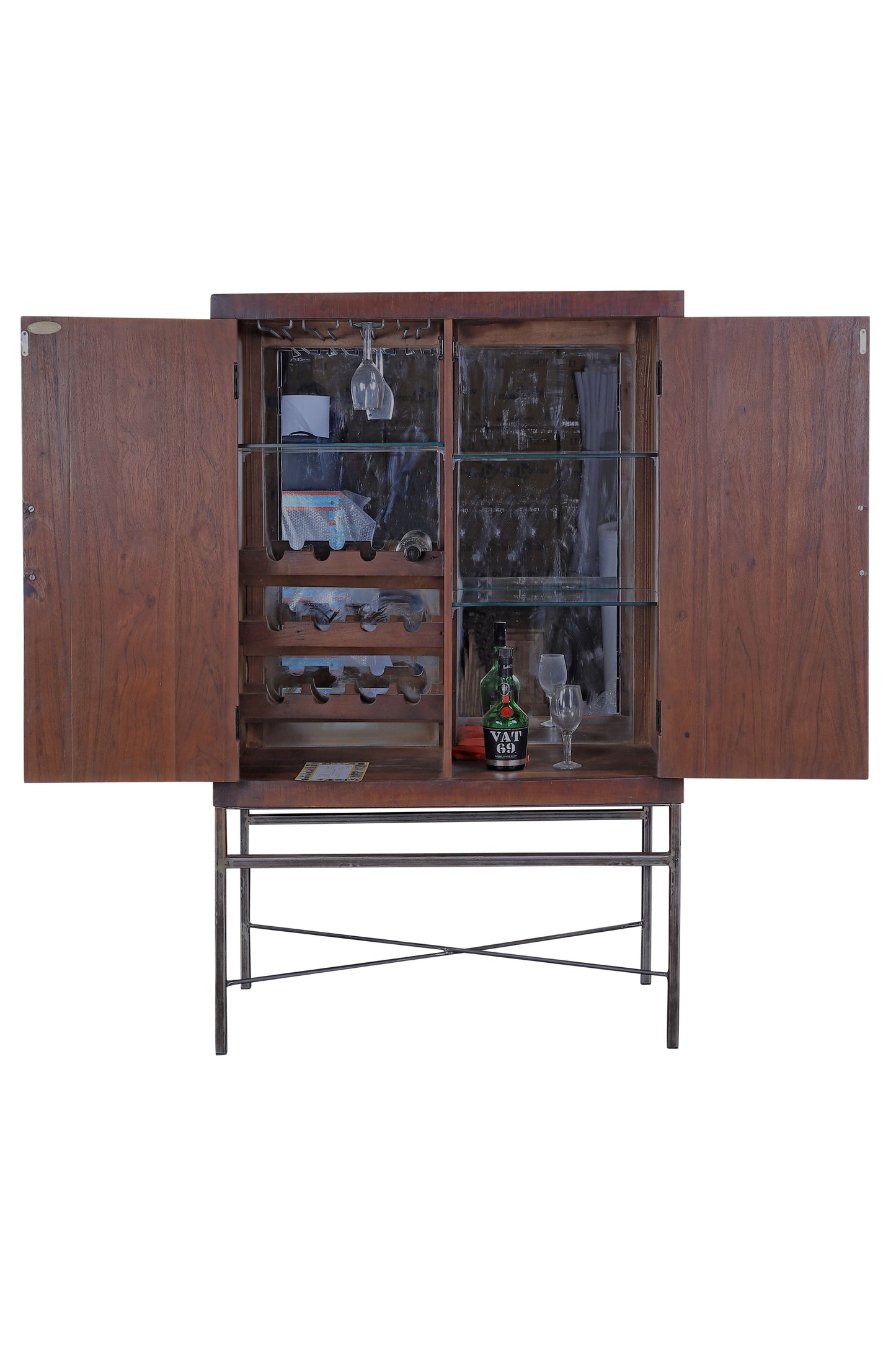 Open door wine cabinet displaying wine bottle storage and glass holder