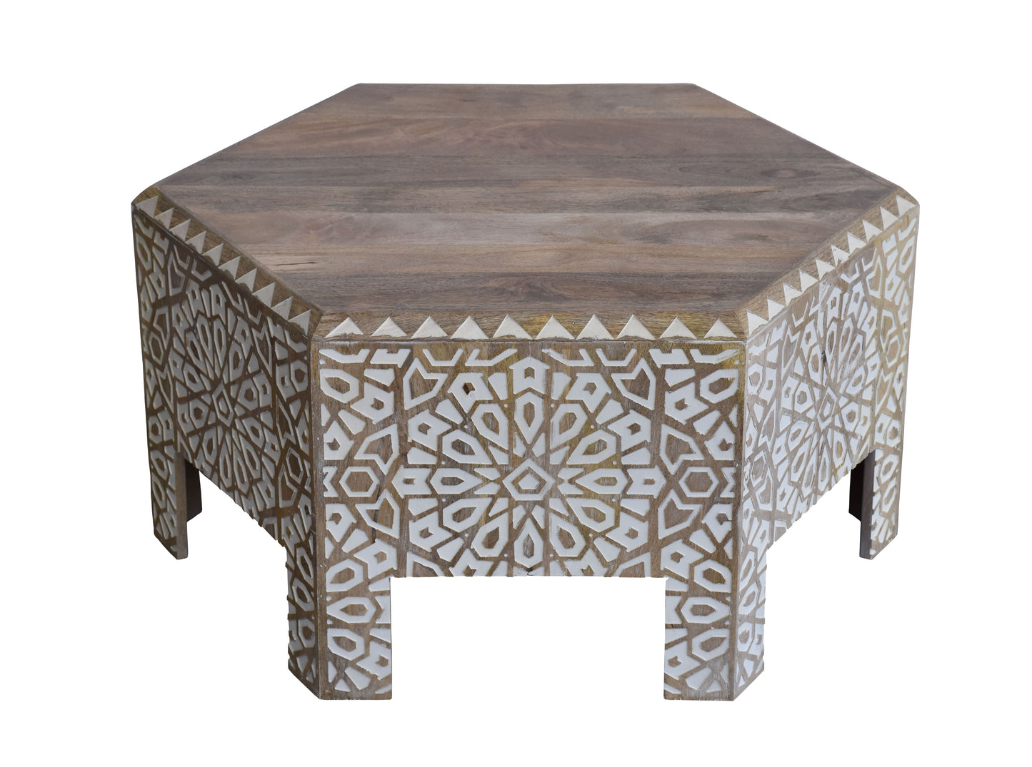 Hexagonal coffee table with intricate inlay.