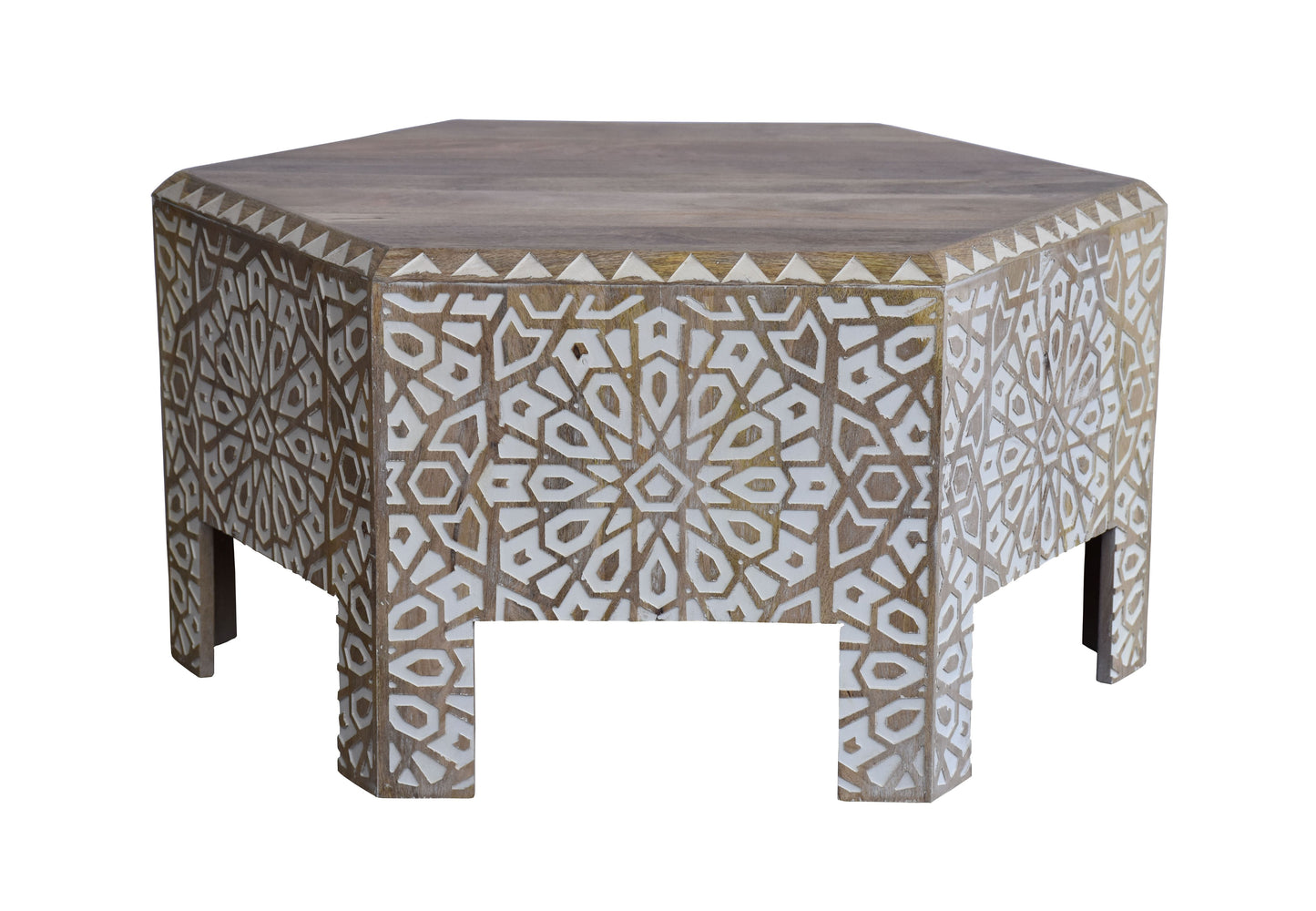 Front view of wooden coffee table.