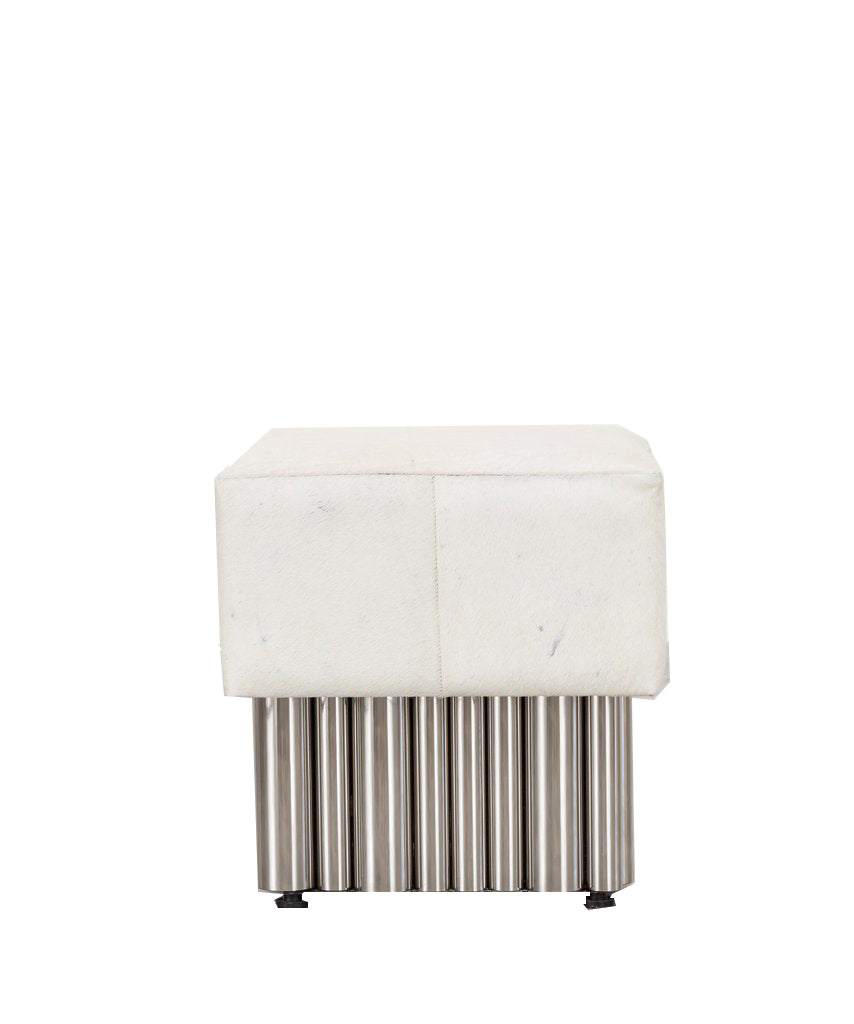 Side view of ottoman with sleek stainless steel legs.