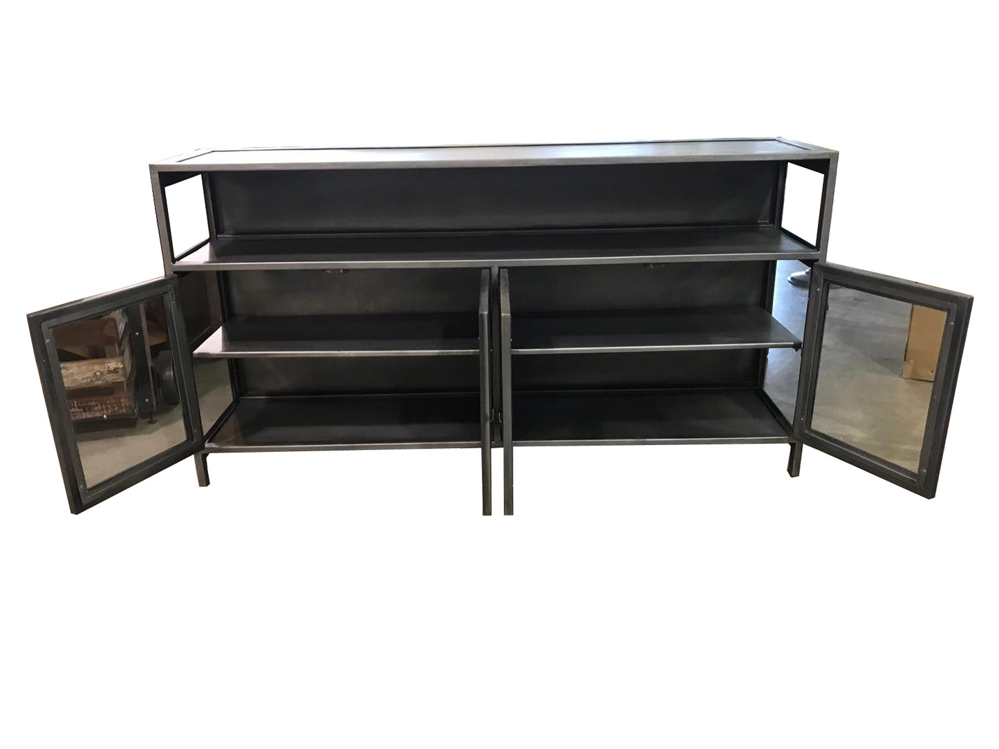 Side profile of an industrial-style media console.