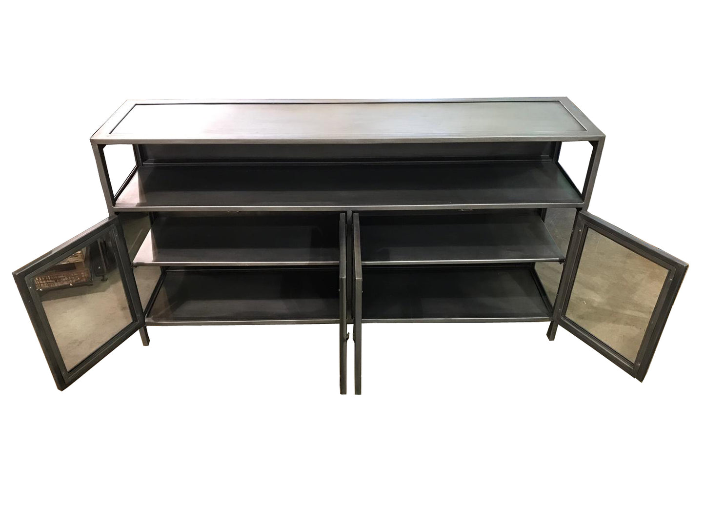 Back view of a sturdy media console with ventilation.