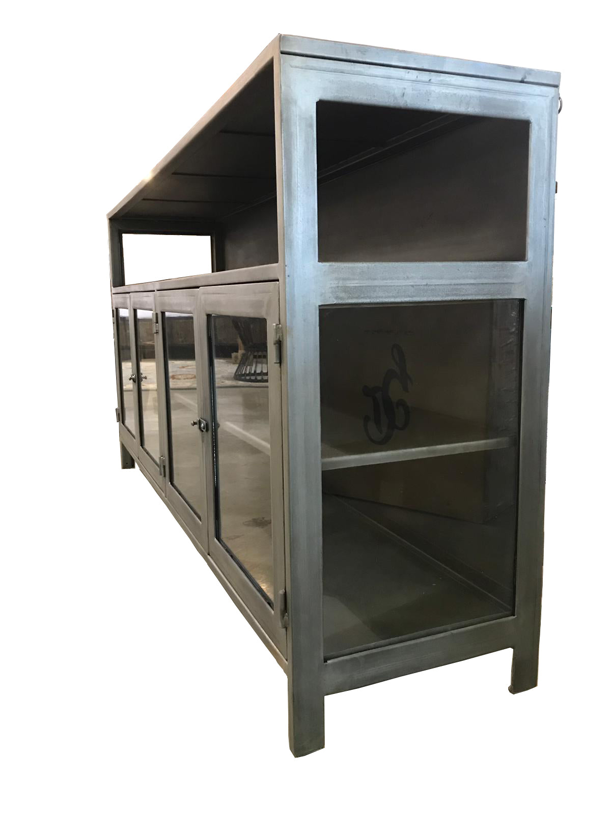 Stylish black media console with iron and glass construction,Side View.