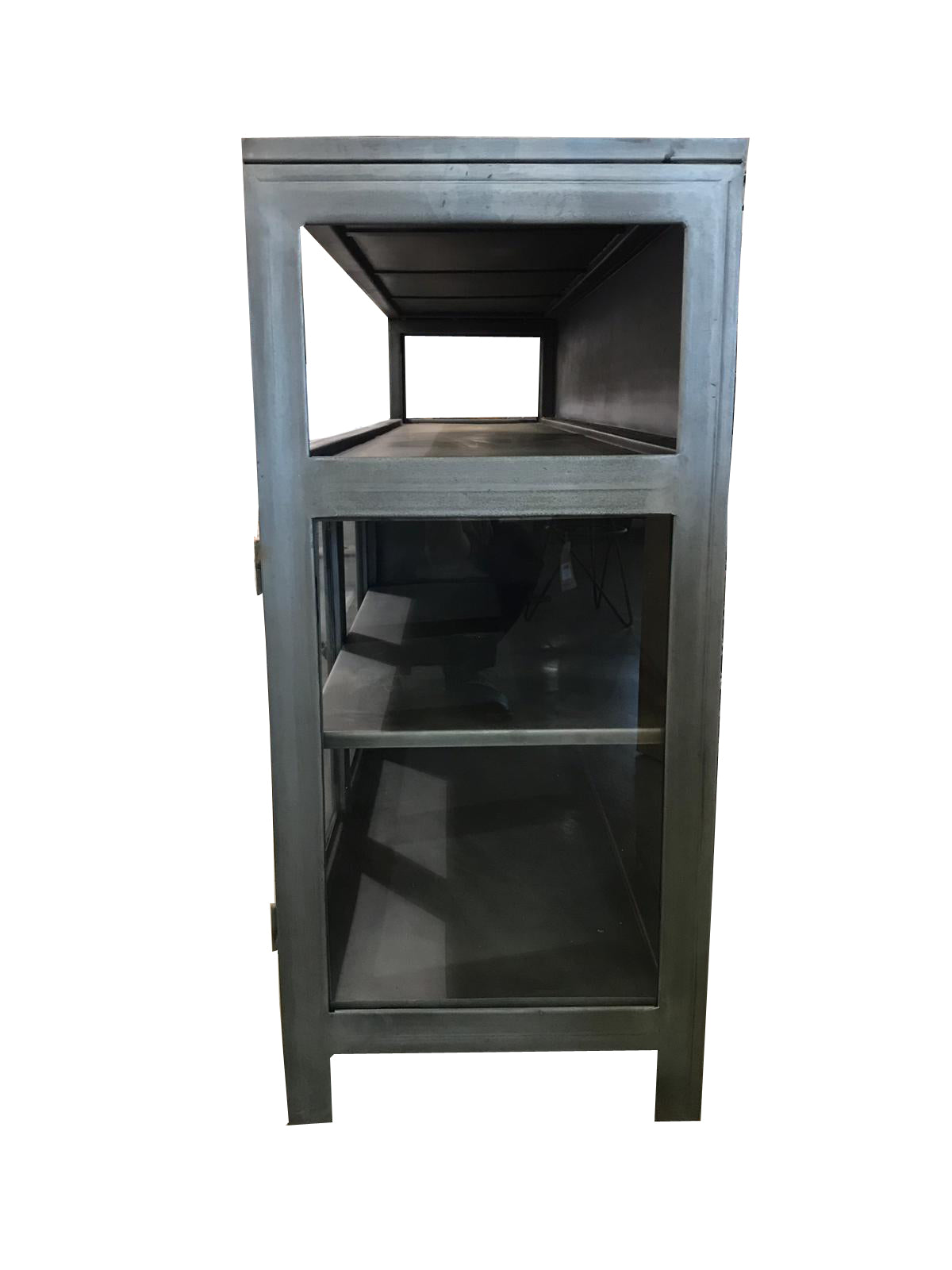 Stylish black media console with iron and glass construction.