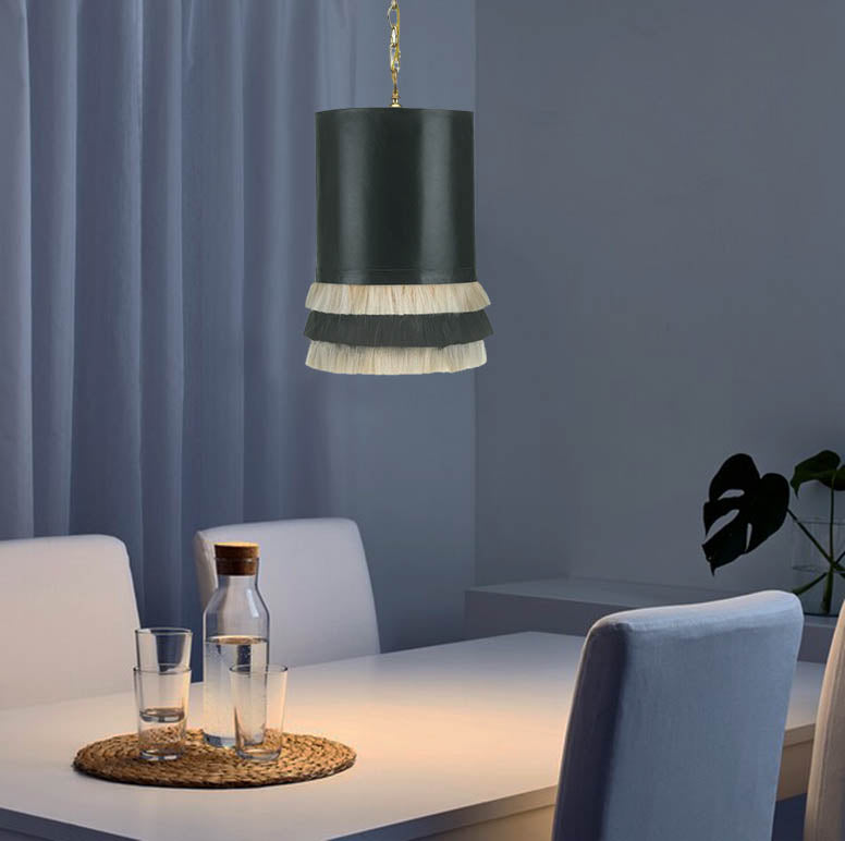 Modern black leather pendant lamp with gold accents.