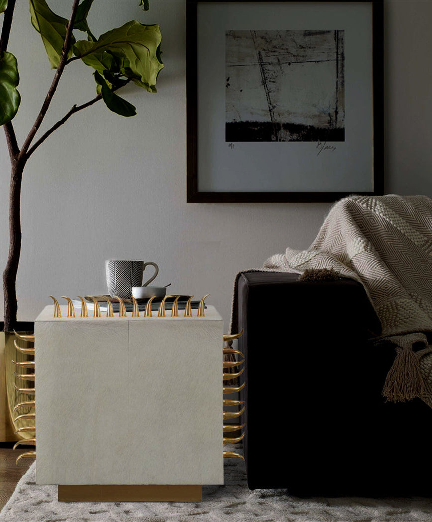 Modern cream sidetable in living room.