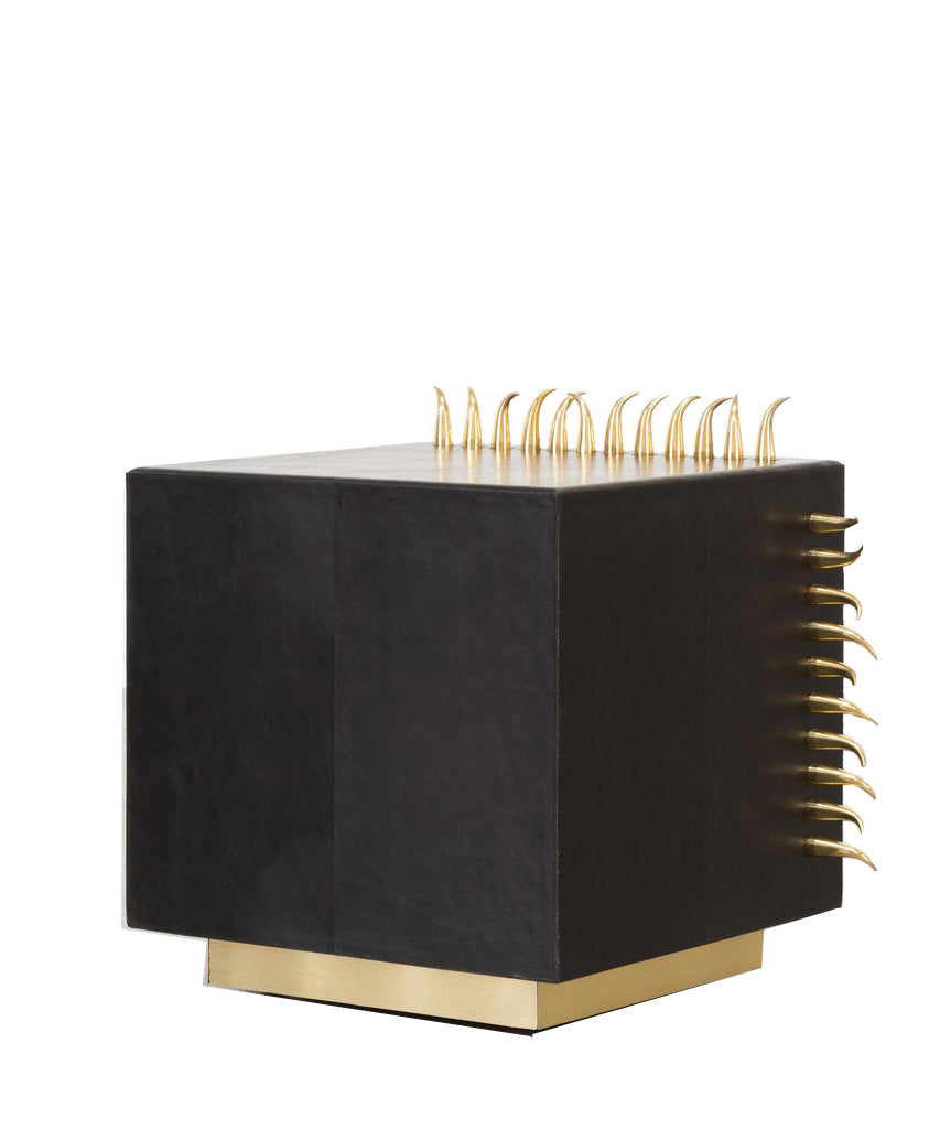 Angled view of black and gold coffee table.
