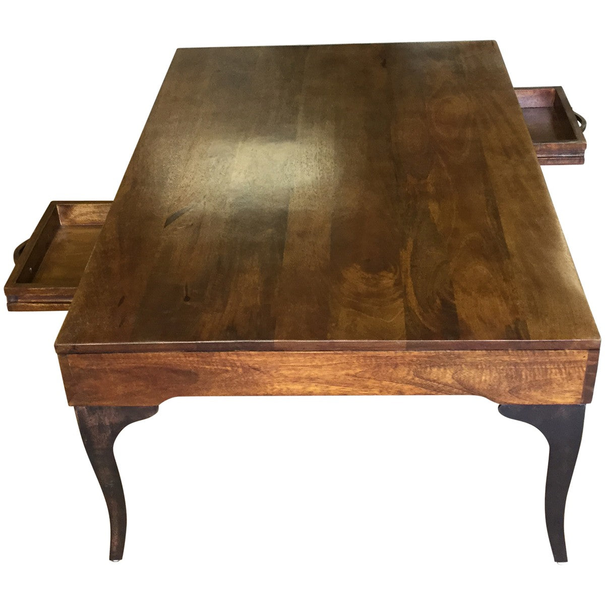 Close-up of the wooden coffee table's smooth surface.