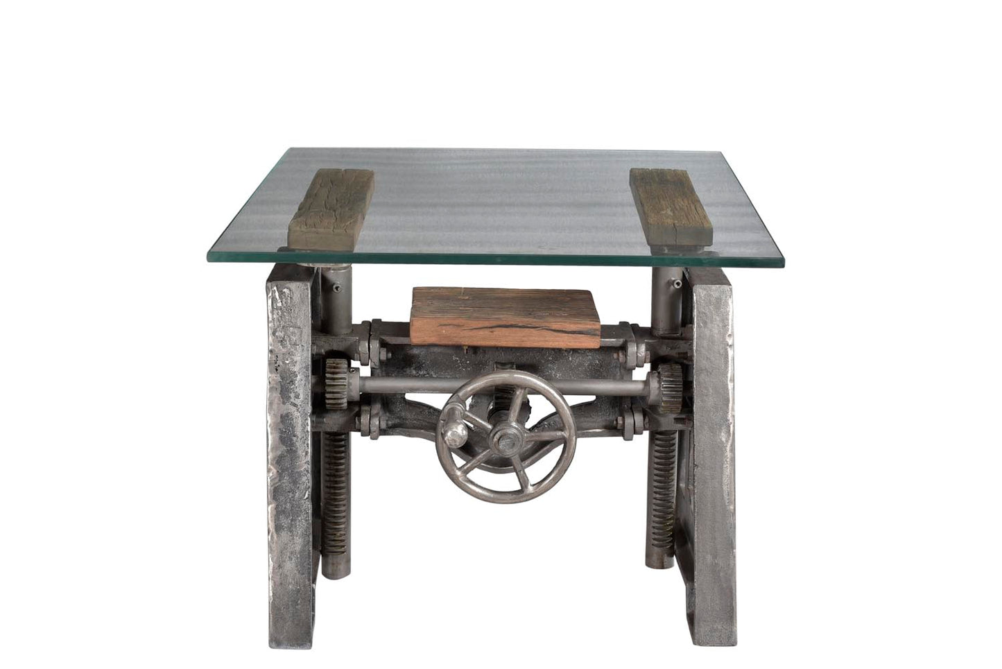 Side view of rustic glass-top end table.