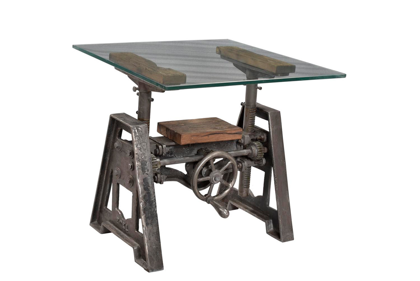 Angled shot of industrial end table with crank