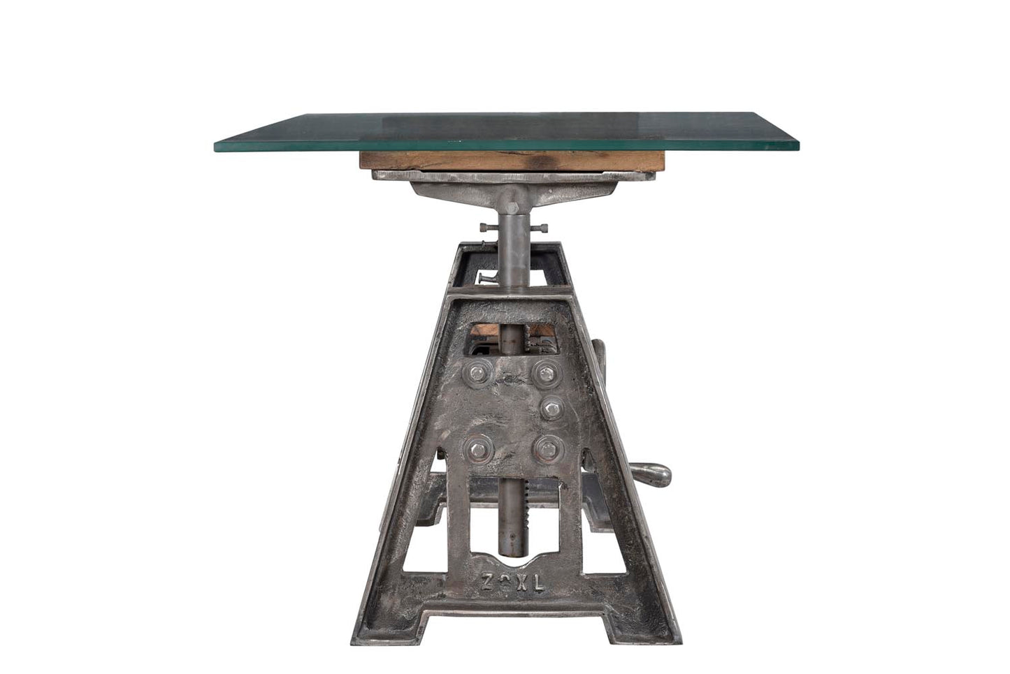 Top-down view of glass-top end table with sturdy base.