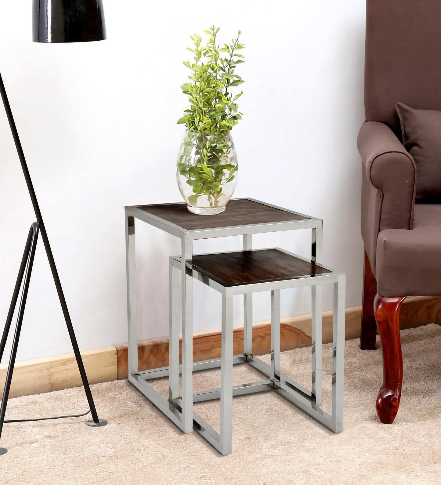 Decorative nesting table beside sofa.