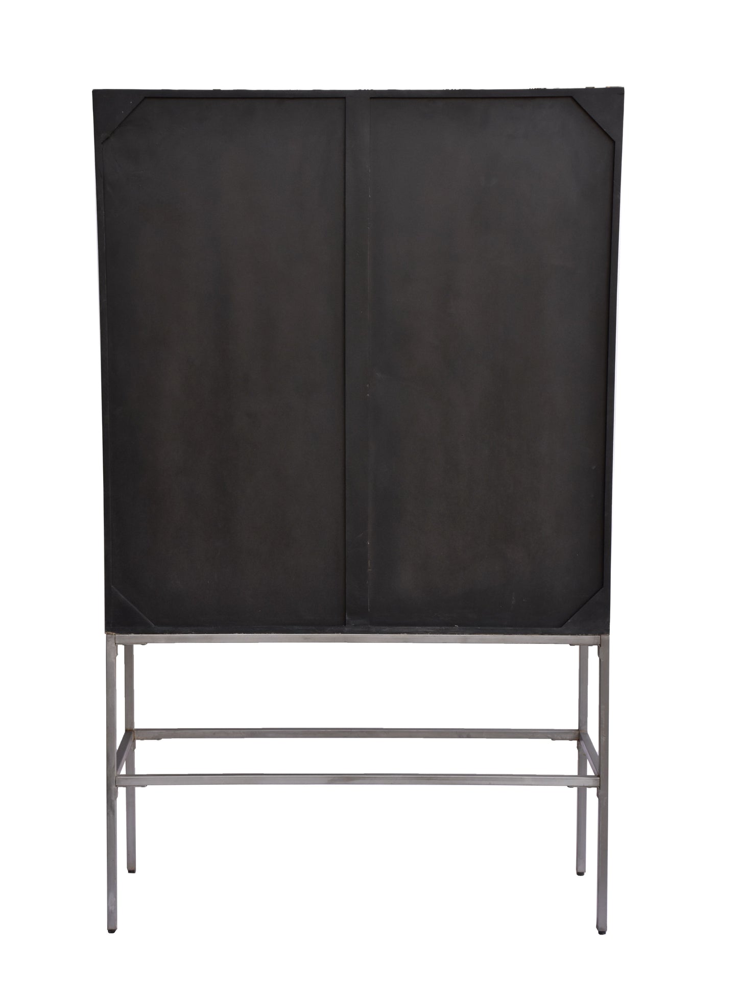 Back view of a modern black cabinet with sturdy construction.