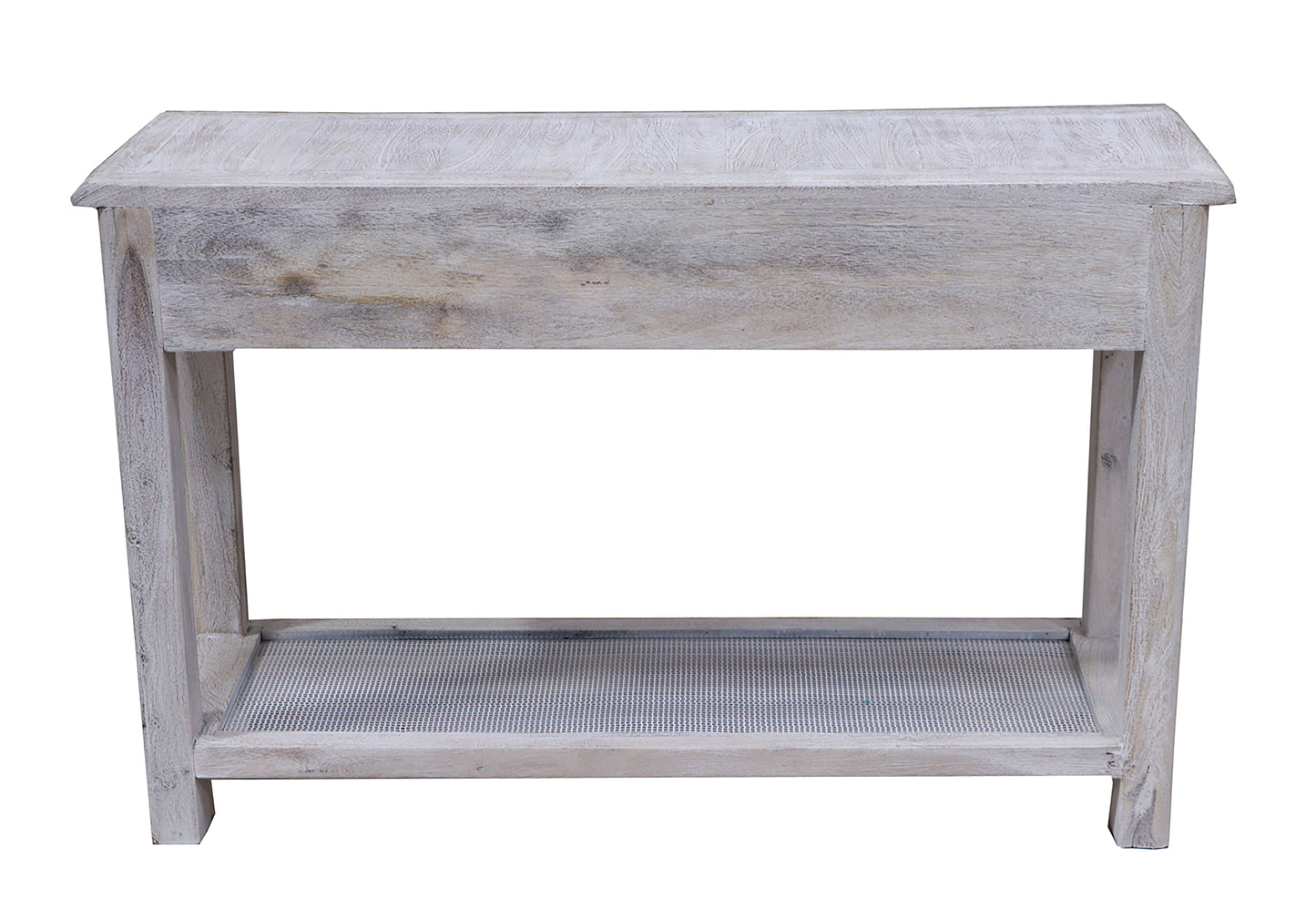 Console table with white background.