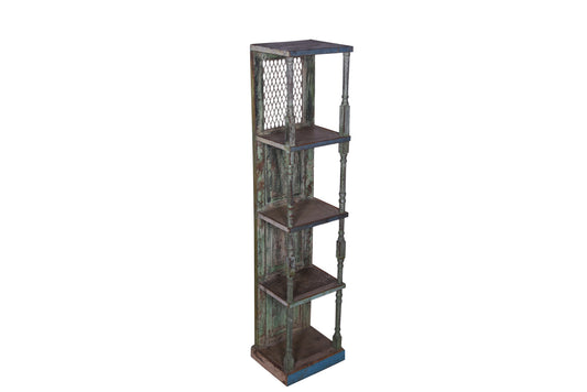 Side angle of a rustic bookcase .