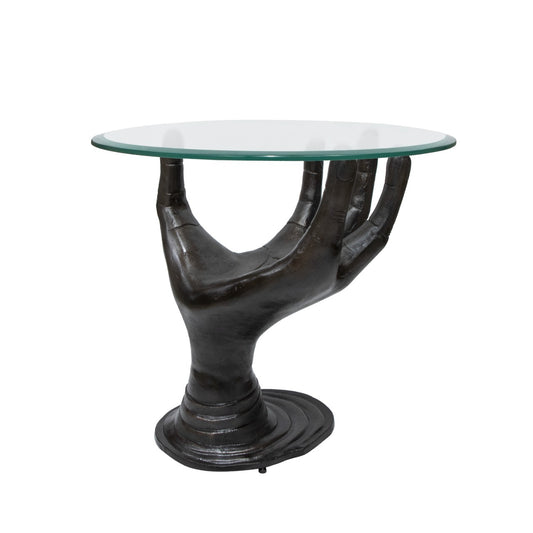 Glass-top palm table with artistic metal base